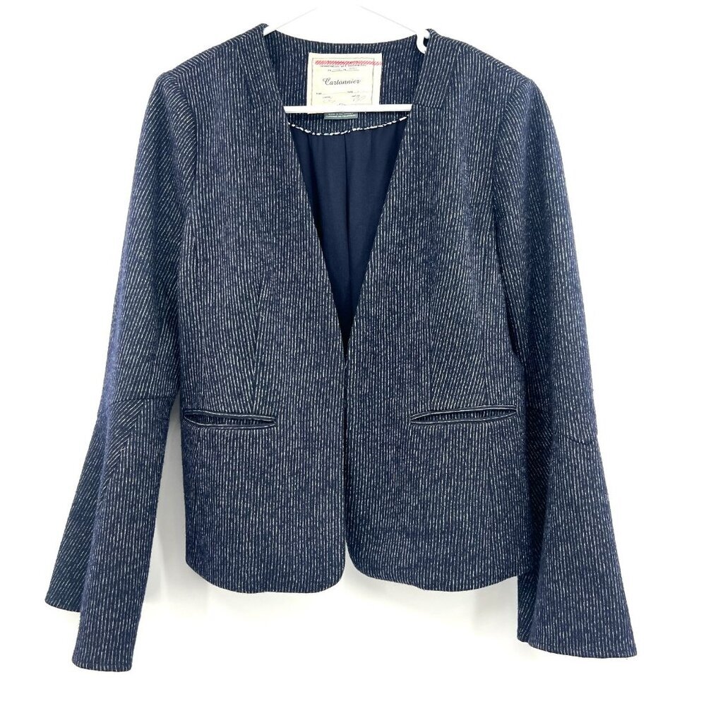 Anthropologie Cartonnier Pinstriped Flounced Sleeve Blazer in Navy Women's 12 - Picture 2 of 5